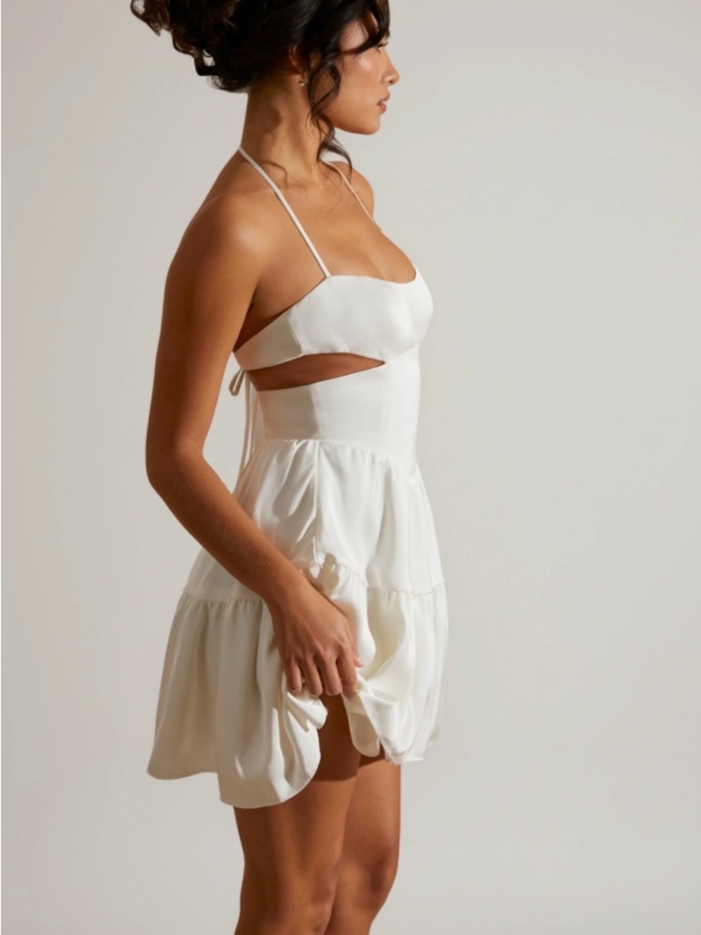 Oh Polly White Halter Cutout Tiered Mini Dress
